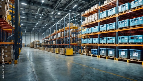 A warehouse with many boxes stacked on shelves. The warehouse is very organized and clean photo
