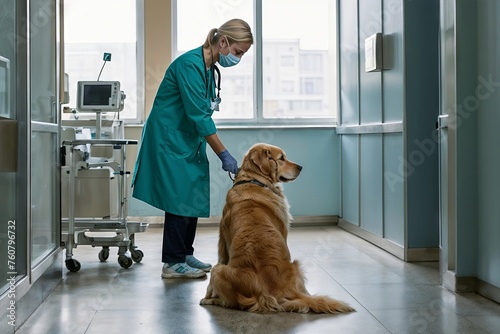 European woman in a blue lab coat is examining a dog. The dog is brown and he is in a hospital setting
