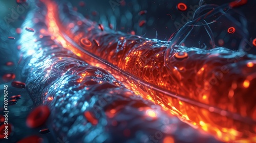 3D rendering illustration of Angioplasty. Diseased arteries or blood vessels clogged by cholesterol photo