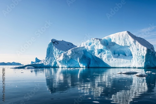 A large ice block sits in the ocean, reflecting the blue sky above. The scene is serene and peaceful, with the ice block towering over the water © polack