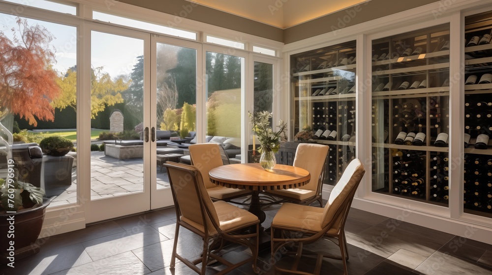 Sunroom featuring built-in climate controlled wine room.
