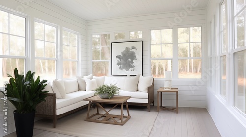 Sunroom featuring crisp white shiplap and gunmetal gray stucco floors.