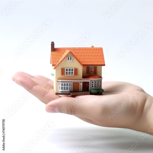 hand holding a small house model with white background