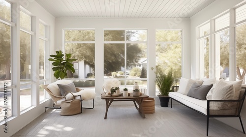 Sunroom featuring crisp white shiplap and gunmetal gray stucco floors.