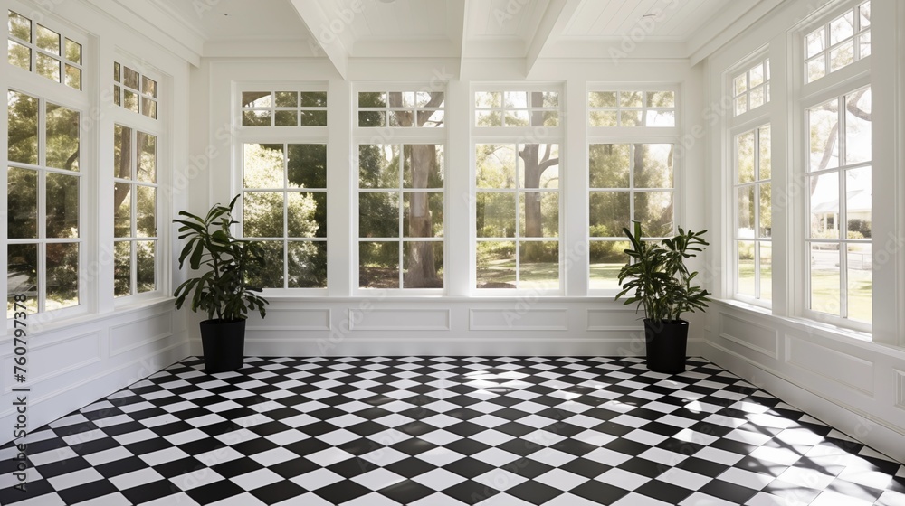 Fototapeta premium Sunroom featuring crisp white walls and matte black concrete tile floors.