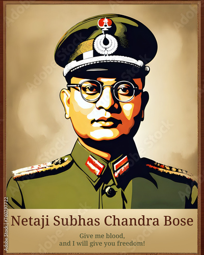 Netaji Subhas Chandra Bose Painting Portrait. Creative concept of 23 January Parakram Diwas.