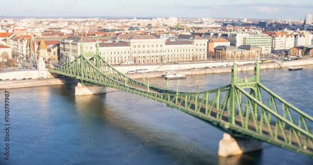 Landscape view of Budapest from Citadella observation deck.Time-lapse, move transition. Focus tilted to Belgrad rkp. Liberty bridge on the foreground. Landscape view of Budapest from Citadella observation deck.Time-lapse, move transition. Focus tilted to Belgrad rkp. Liberty bridge on the foreground.