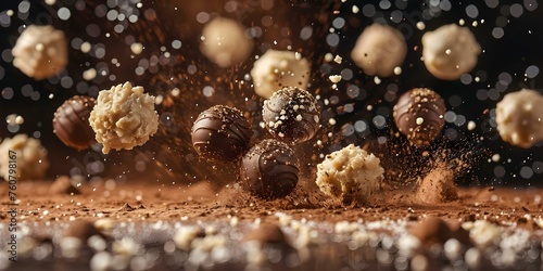 Dynamic action shot captures exquisite handcrafted chocolates in motion at a festive celebration. Concept Festive Celebration, Exquisite Chocolates, Action Shots, Dynamic Photography photo