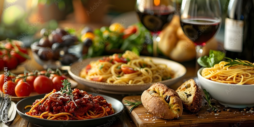 Exquisite Italian ingredients and wine laid out elegantly in a fine dining setting. Concept Italian Cuisine, Fine Dining, Exquisite Ingredients, Elegance, Wine Pairing
