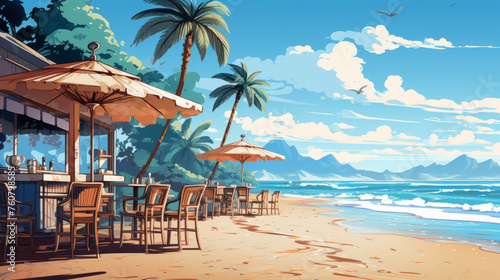 Illustration of an outdoor cafe on the beach near the sea on a sunny day. Detailed picture of a small outdoor coffee shop with tables and wooden chairs standing in the near the ocean water beautiful. © Valua Vitaly