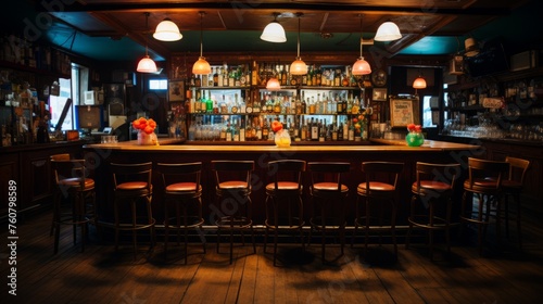 Bar counter with dim lights and empty chairs. Big old fashioned bar stand with many bottles and dim lamps with high bar chairs. Old style bar hall interior with wooden furniture, floors and big bulbs.