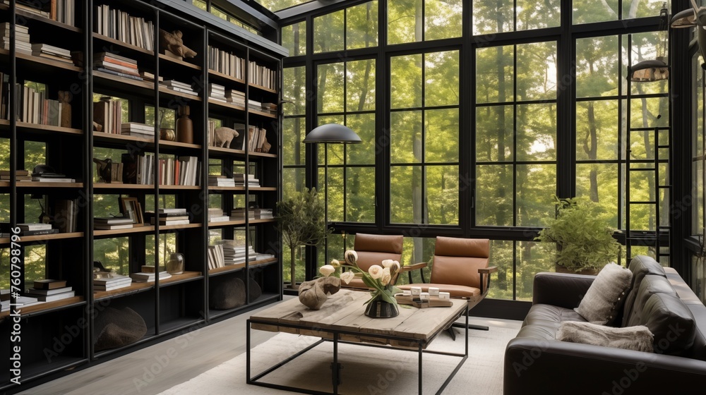 Naklejka premium Sunroom featuring matte black industrial metal windows and shelving.