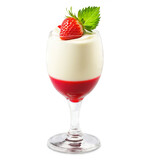 Panna cotta dessert, with strawberry sauce and berry topping. Png isolated on transparent background. Italian sweet milk cream dessert in a glass
