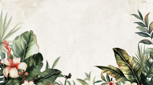 Background For Invitation In Style Of TropicalFlowers And Leaves Painting