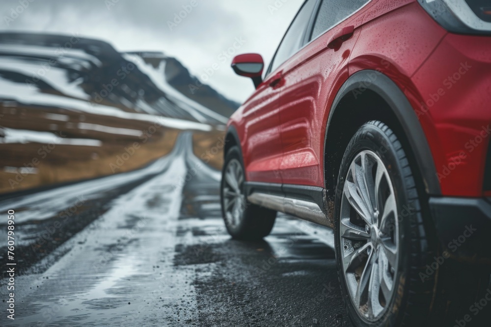 Close up on a modern red crossover stands on the road in a beautiful location, sideway view, uncluttered background, daytime. Filmed on camera: DSLR. , generated with AI