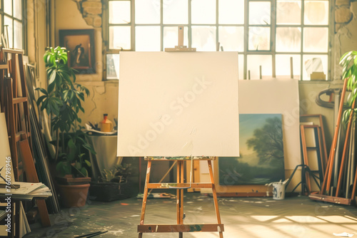 Mockup of a blank canvas on an easel in a well-lit artist's studio