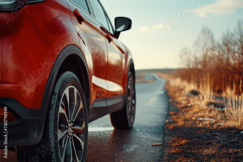 Close up on a modern red crossover stands on the road in a beautiful location, sideway view, uncluttered background, daytime. Filmed on camera: DSLR. , generated with AI © sch_ai