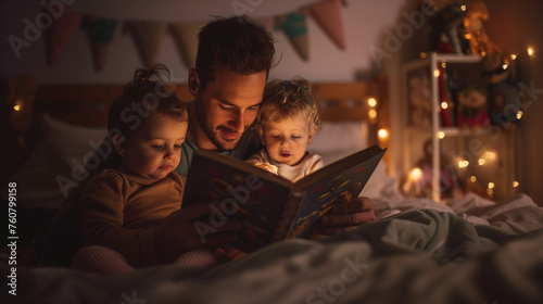 Father reading a storybook to two attentive young children in bed.