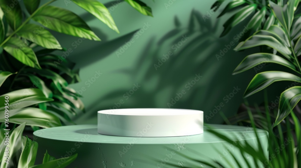 Green background podium product platform for nature beauty cosmetic stage scene. Abstract forest podium pedestal mockup with green leaf shadow. Photography showcase fresh banner , generated with AI