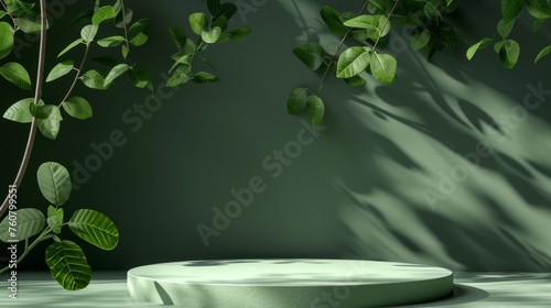 Green background podium product platform for nature beauty cosmetic stage scene. Abstract forest podium pedestal mockup with green leaf shadow. Photography showcase fresh banner , generated with AI © sch_ai