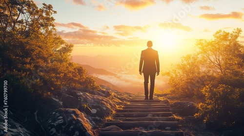 A man gracefully climbs a set of stairs, his determination evident as he reaches for the radiant sun.
