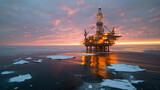The warmth of dusk descends on an arctic oil rig surrounded by ice floes, highlighting the industry's presence in remote environments