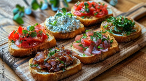 Food photography of mixed types of Bruschette , simple background, golden time, ,delicious food photography, generated with AI