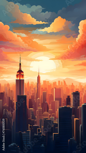 Stunning Sunset Over Metropolitan City - Digital Vector Illustration