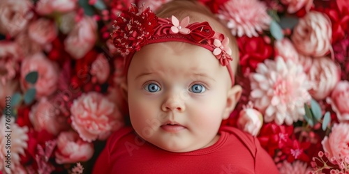 Top view of an adorable baby dressed in red. Red flowers in the background.jpeg