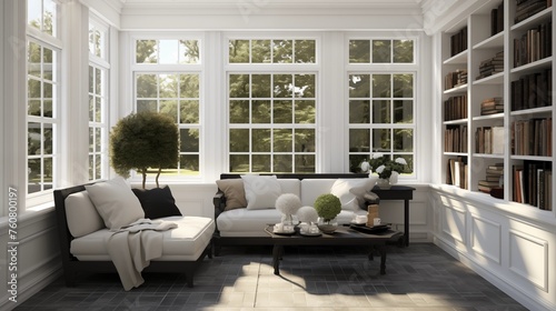 Sunroom featuring pure white built-ins and polished charcoal tiles.