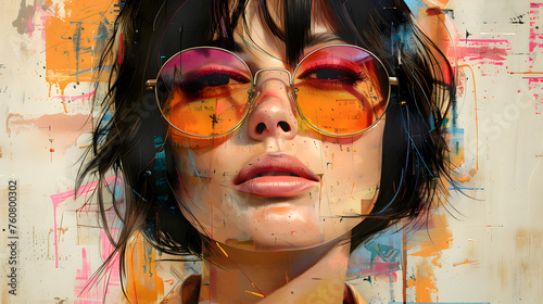 Art collage with portrait of beautiful girl with black hair and sunglasses, mixing in one picture of various parts of other images, different graphic elements, photos, phrases, drawings © Nataliia