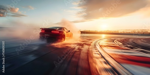Race car drifting on track with smoking wheels and flare effect. Concept Car Racing, Drifting, Smoke Effect, Flare, Speed Demon