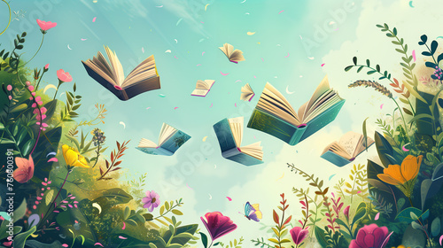 Books for Spring: Various books are flying through a typical blossoming spring landscape
