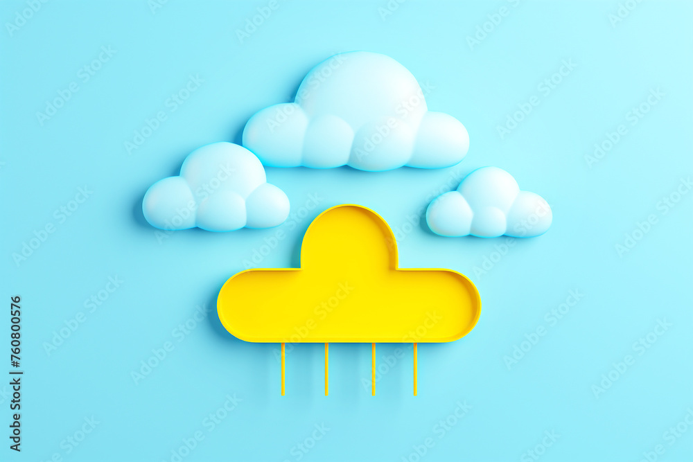 Yellow cloud with rain, minimal design, blue background, abstract weather concept. Minimalist yellow cloud, rain drops, blue background, weather illustration