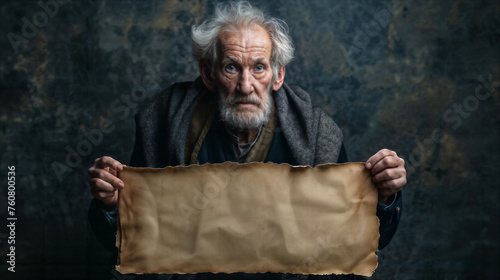 Old Man holding a Blank Sign, Advertising Concept photo