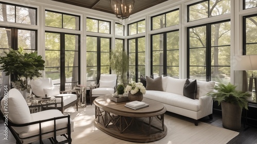 Sunroom featuring whitewashed oak ceilings and ebony stained hardwoods.