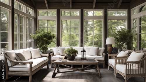 Sunroom featuring whitewashed cedar walls and espresso stained beams. © Ramzan