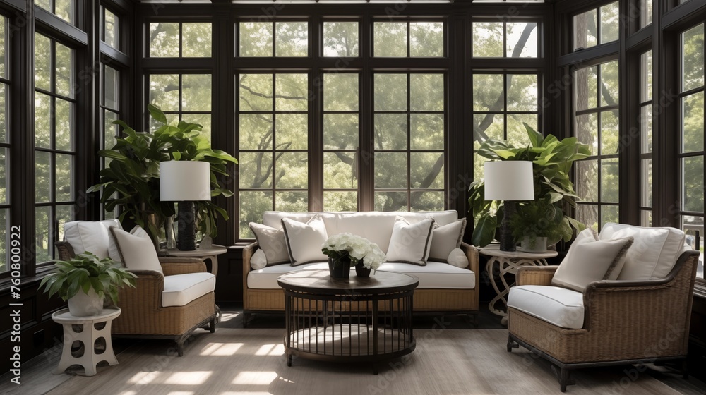 Sunroom featuring whitewashed oak and ebony stained hardwood accents.