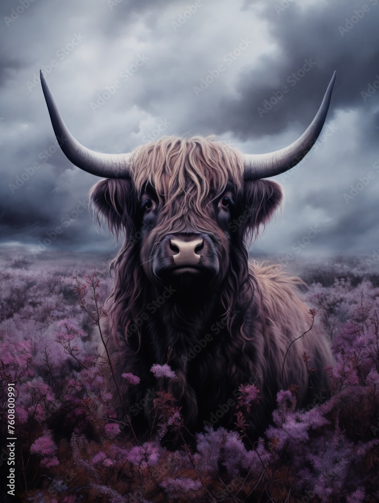 Oil painting, black highland cow in a field of purple flowers, lavender flowers, highland black cow, moody clouds, dark moody colors, detailed shading , generated with AI