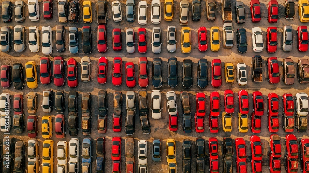 A bird's eye view of a car rental service lot, with cars lined up neatly, ready to be taken on new adventures by eager customers.