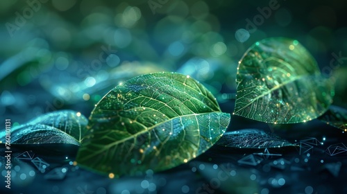 Futuristic glowing low polygonal green leaves isolated on dark blue