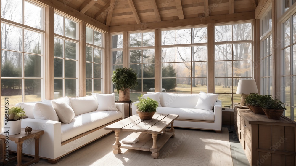 Sunroom featuring whitewashed cedar walls and espresso stained beams.