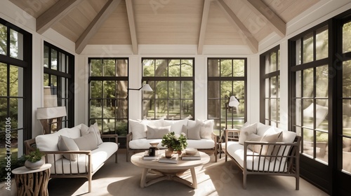 Sunroom featuring whitewashed cedar walls and espresso stained beams.