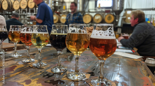 Craft beer tasting: A lineup of beer glasses filled with various types of beer, in the background visitors and the brewer of a craft beer brewery