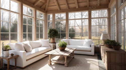 Sunroom featuring whitewashed cedar walls and espresso stained beams.