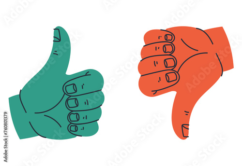 Thumb up and down like dislike button concept. Vector flat graphic design illustration