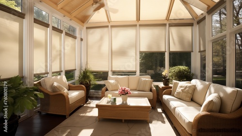 Sunroom fitted with concealed motorized UV window shades.