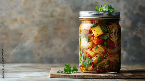 Kimchi in a mason jar garnished with fresh parsley on a rustic wooden table. Side view food preservation photography with a textured backdrop. Traditional Korean fermented food concept for culinary ar photo