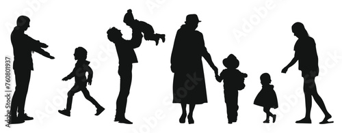 A mother and child holding hands walking together silhouette black filled vector Illustration icon. Set of Mother's and Child silhouette. Family parent and childs silhouettes set. children silhouette