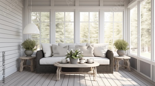 Sunroom in bright white shiplap and matte charcoal gray furnishings.